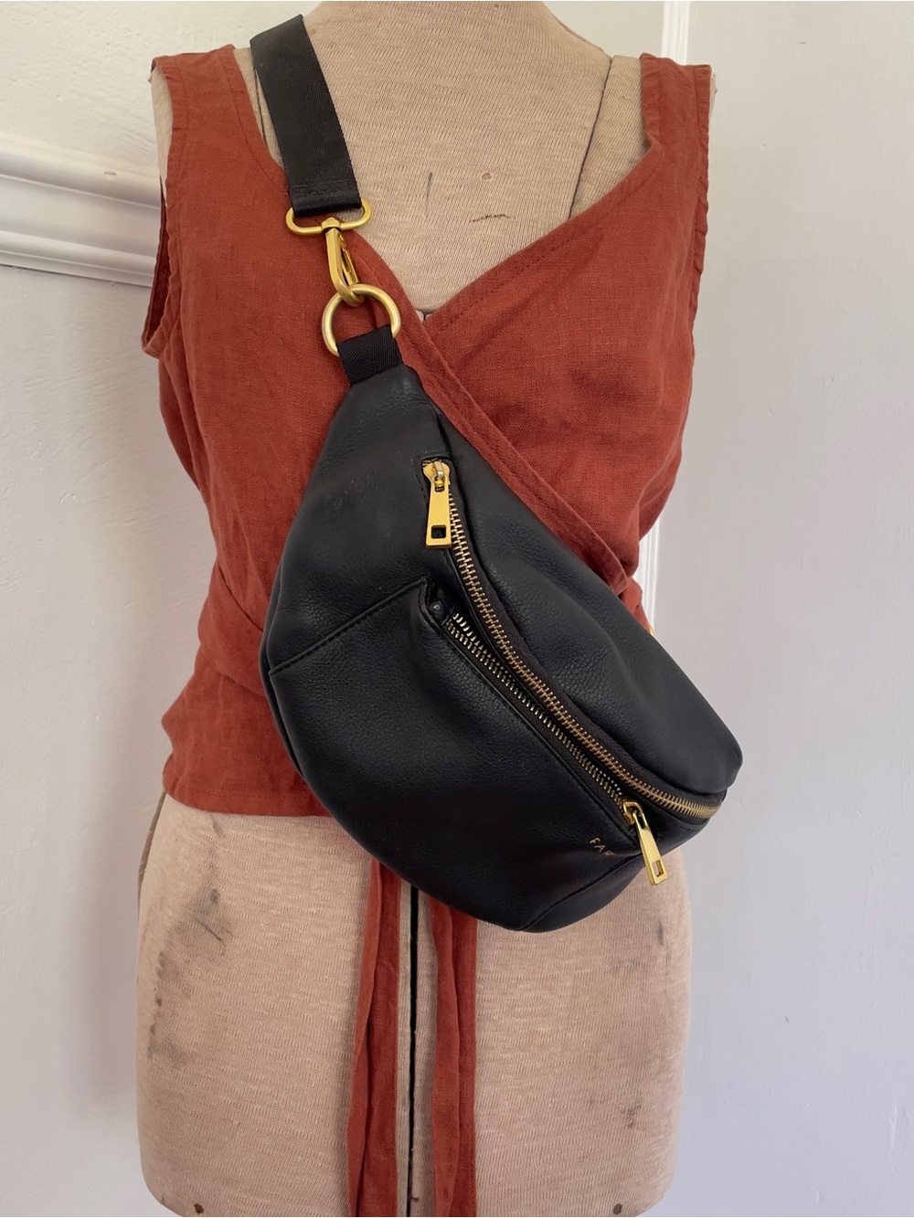 Fawn Design Black Faux Leather Crossbody Sling with Gold Hardware